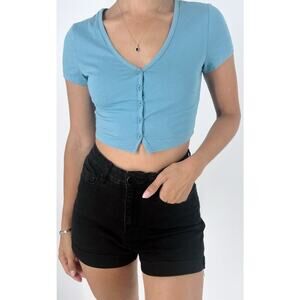 Women's Blue Button Down V-neck Cropped Short Sleeve Top Size XS
